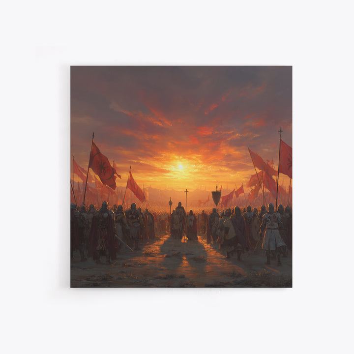 Medieval Army At Fiery Sunset Framed Canvas Print, Crusader Battle Wall Art, Epic Fantasy Decor, Historical Gift For Him