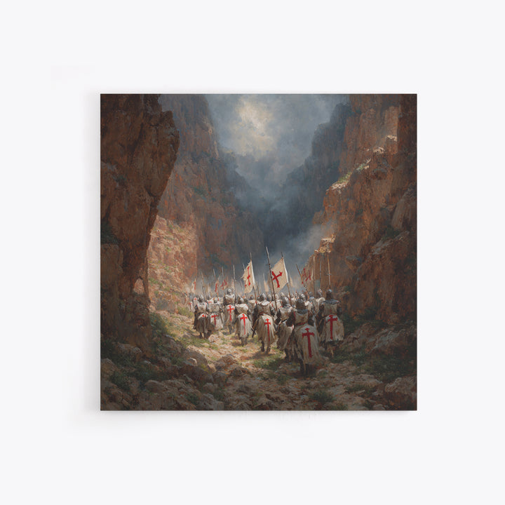 Medieval Knights Marching Through Rocky Canyon Wall Art, Historical Painting Print, Christian Wall Decor, Dramatic Fine Art