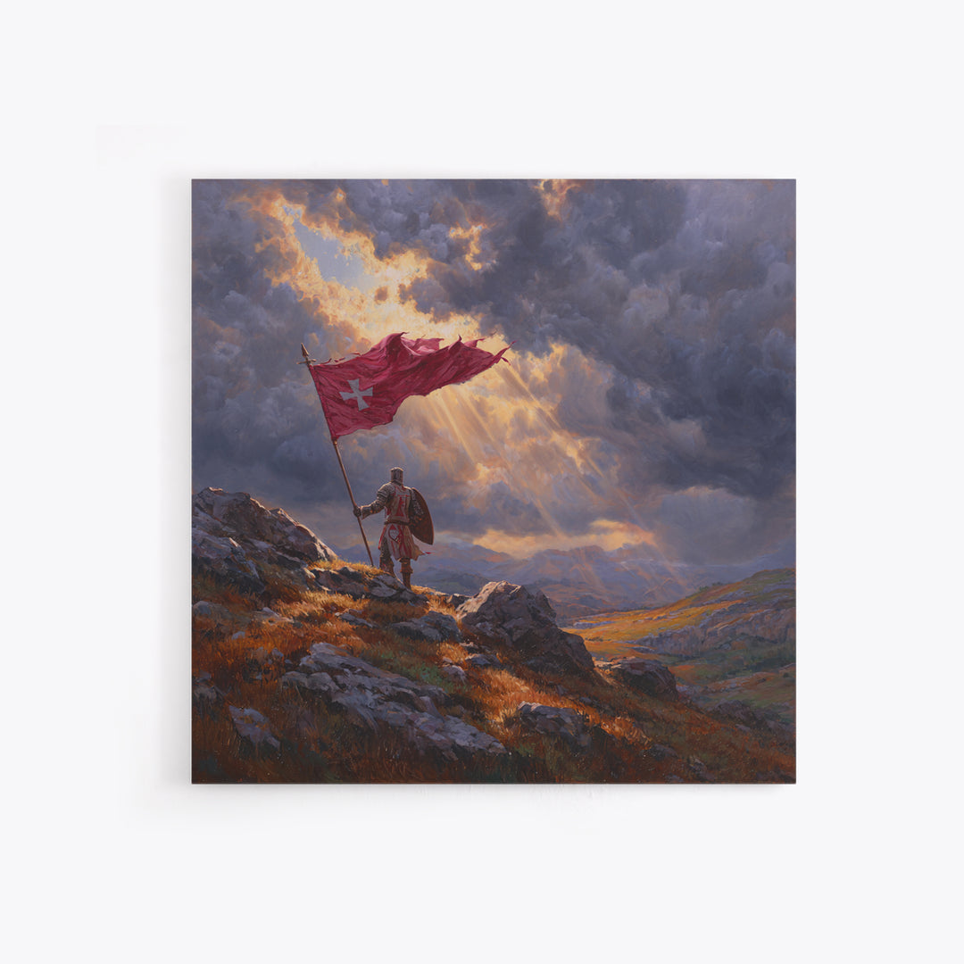 Crusader Knight With Red Flag Framed Canvas Print, Medieval Wall Art, Stormy Mountain Landscape, Christian Warrior Decor