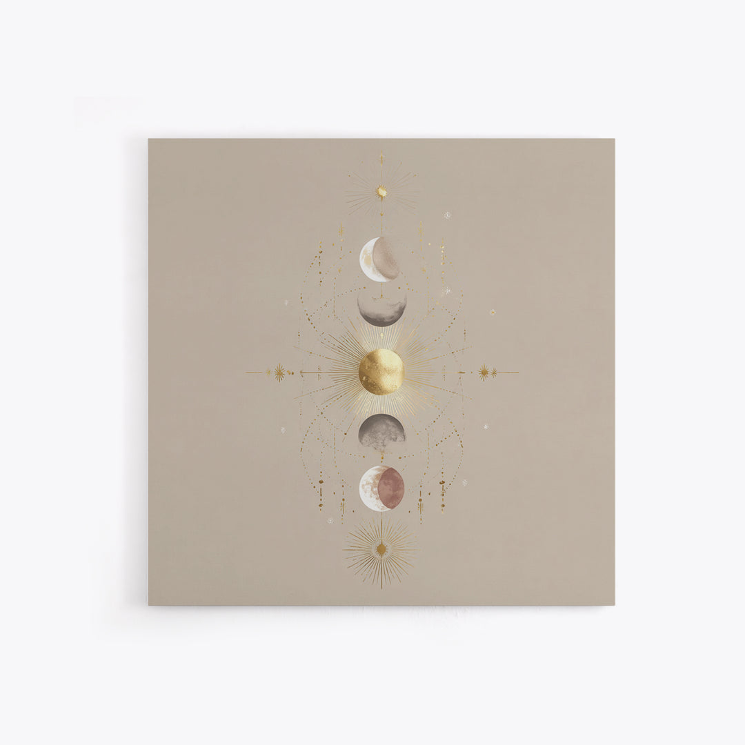 Celestial Moon Phase Wall Art, Gold Sun And Stars Canvas Print, Mystical Astrology Decor, Boho Neutral Bedroom Wall Decor