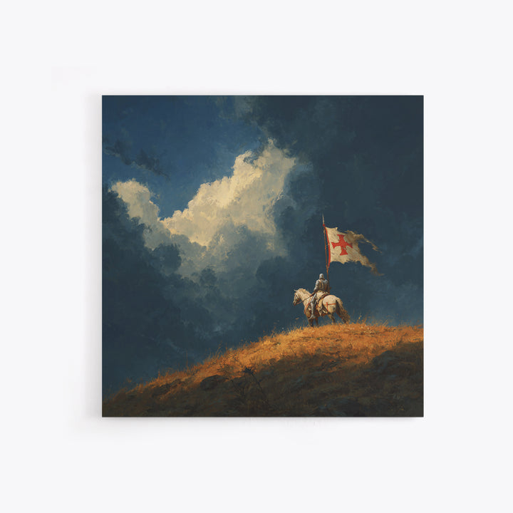 Medieval Knight On Horse With Tattered Flag Wall Art, Dramatic Fantasy Landscape, Gothic Medieval Decor, Warrior Gift Print