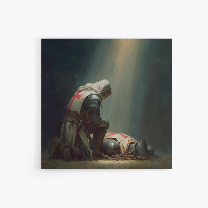 Praying Crusader Knight In Spotlight Canvas Print, Medieval Christian Wall Art, Templar Warrior Decor For Office And Home