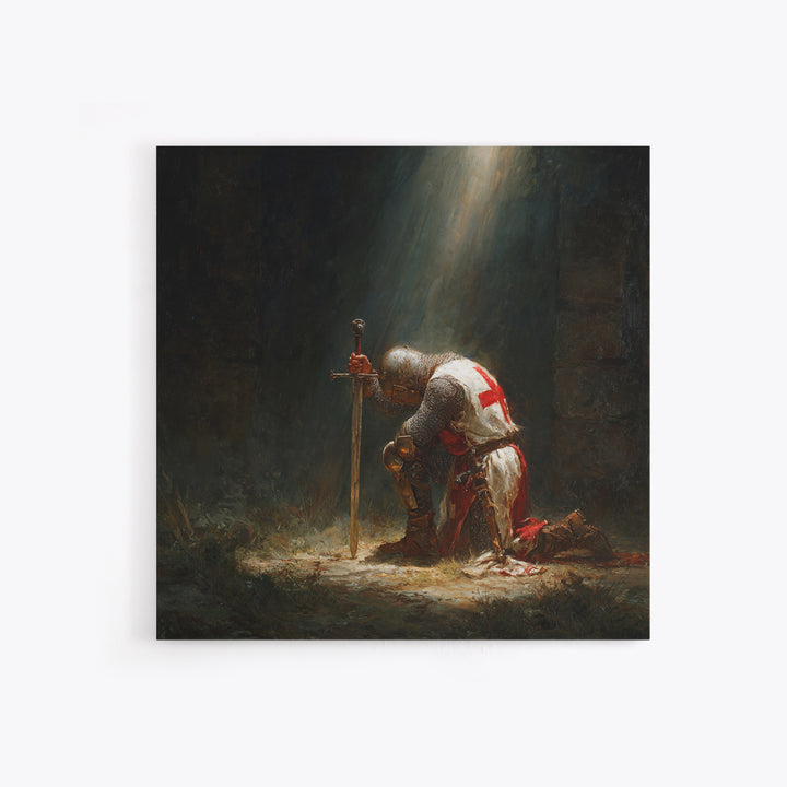 Kneeling Templar Knight In Sacred Light Framed Canvas Print, Medieval Christian Wall Art For Gothic Office Decor Gift Idea
