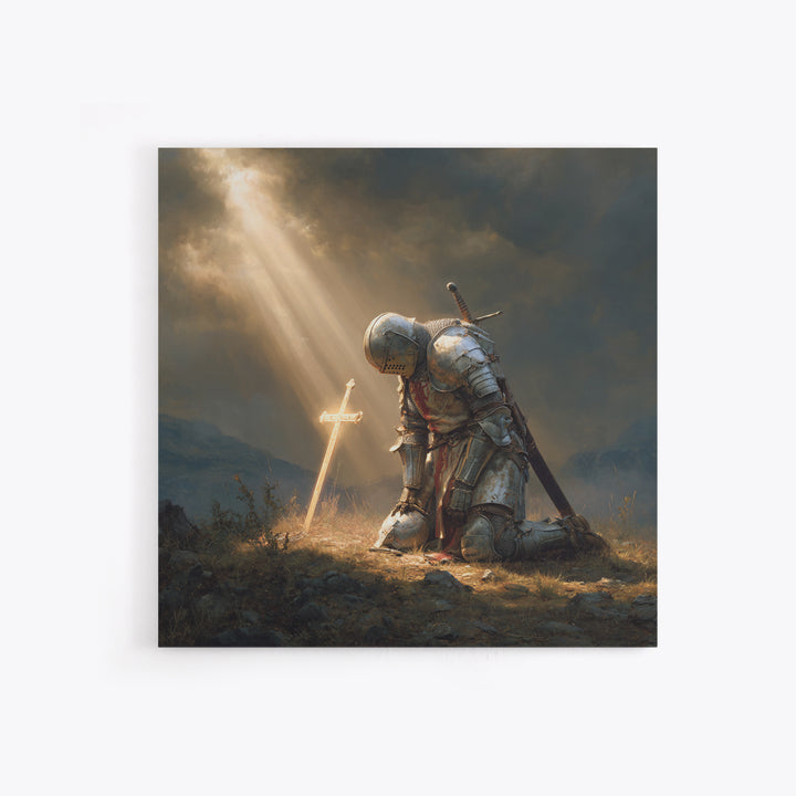 Kneeling Knight Before Glowing Cross Wall Art, Medieval Christian Painting, Inspirational Faith Decor, Gift For Men Poster