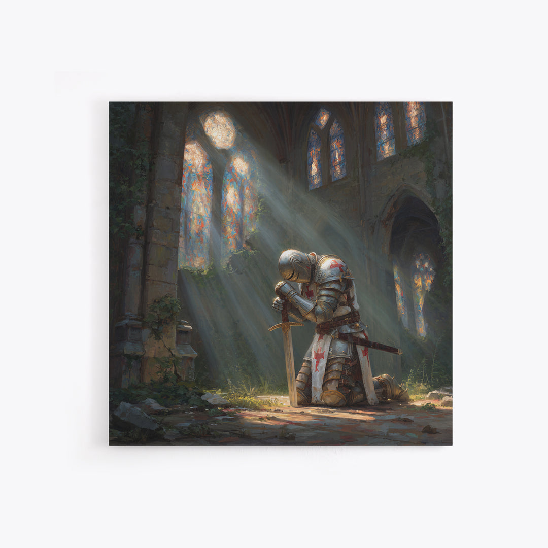 Kneeling Knight In Ruined Cathedral Framed Canvas Print, Medieval Fantasy Wall Art, Christian Decor, Gothic Gift For Him