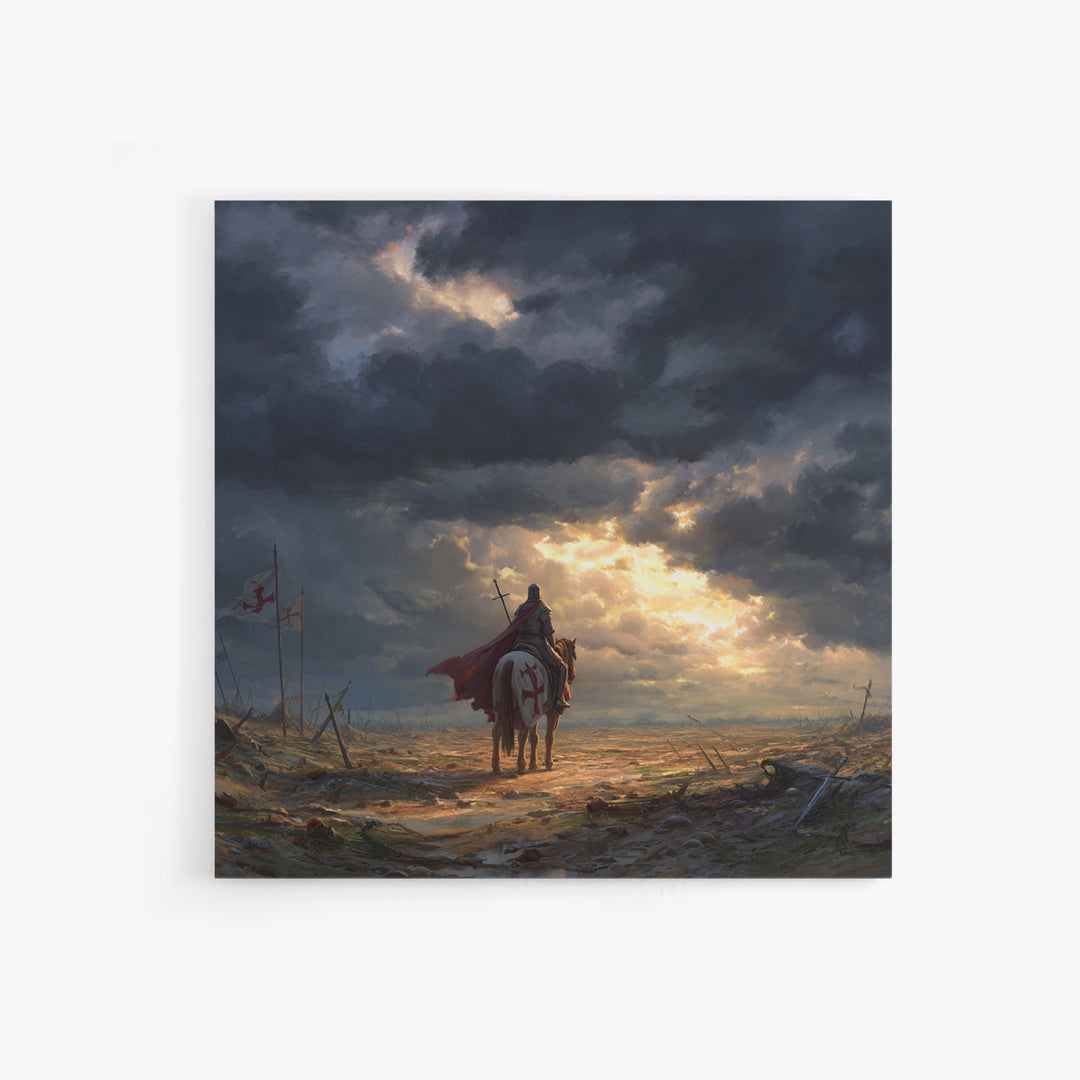 Templar Knight On Horse In Stormy Battlefield Wall Art, Medieval Landscape Art, Gothic Wall Decor, Epic Fantasy Gift For Him