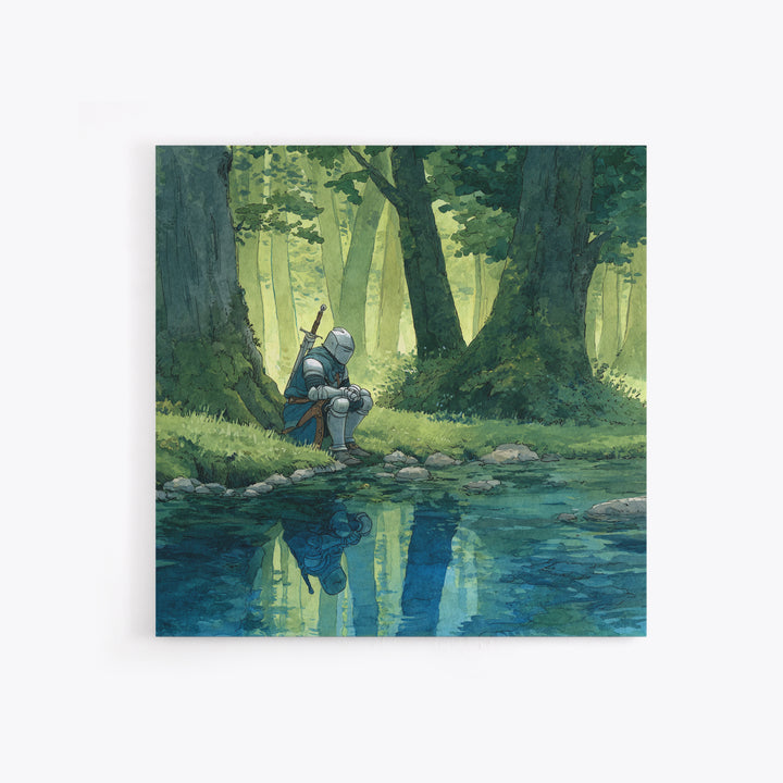 Solitary Knight Resting Beside Forest Stream Wall Art, Fantasy Art Print, Medieval Decor, Woodland Landscape, Gift For Him