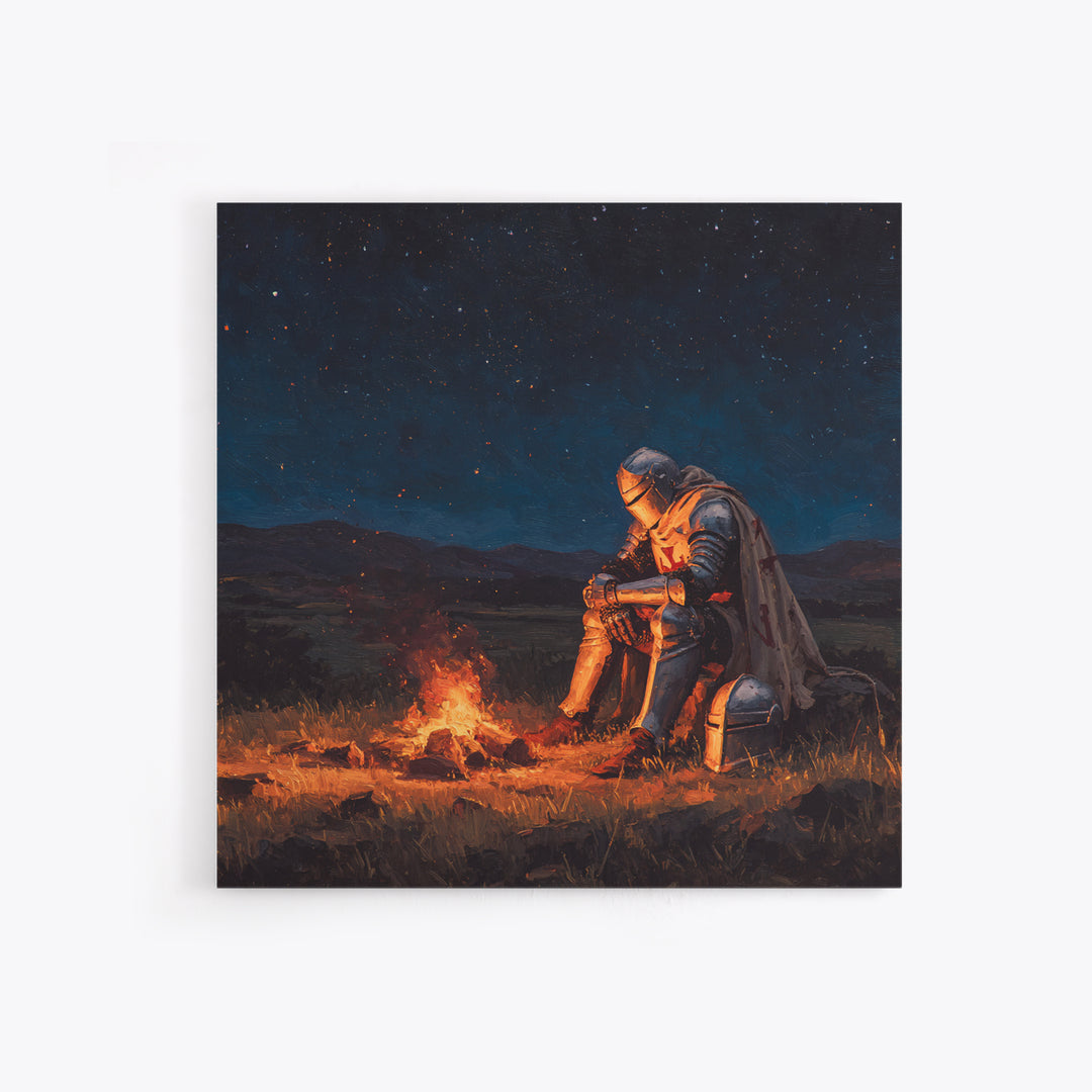 Solitary Knight By Campfire Wall Art, Starry Night Fantasy Canvas Print, Medieval Decor, Dark Academia Gift For Him, Moody Wall Decor
