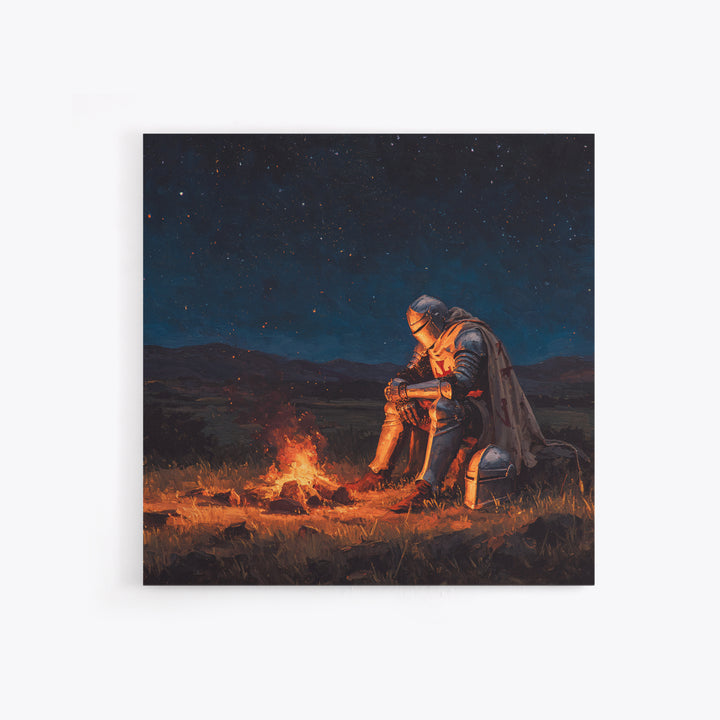 Solitary Knight By Campfire Wall Art, Starry Night Fantasy Canvas Print, Medieval Decor, Dark Academia Gift For Him, Moody Wall Decor
