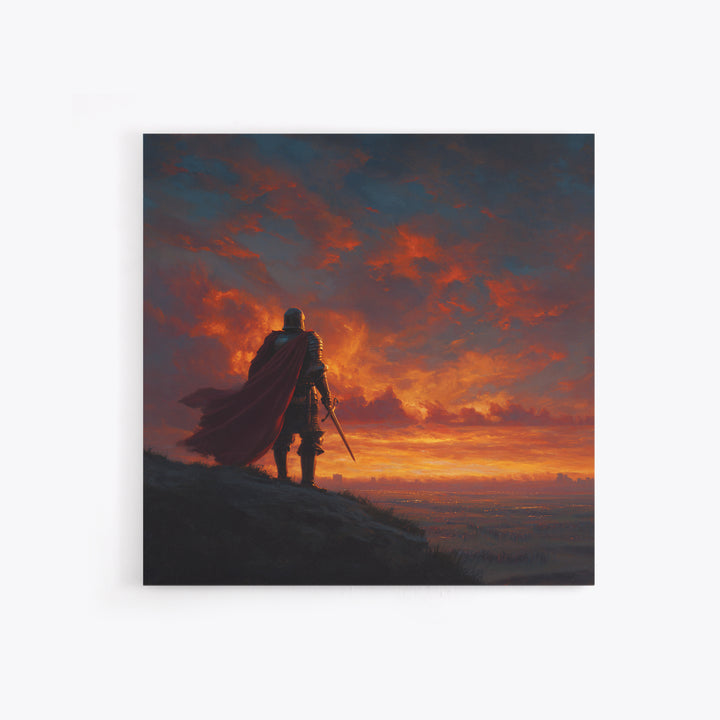Lone Knight At Fiery Sunset Wall Art, Medieval Fantasy Warrior Canvas Print, Dramatic Landscape For Masculine Home Decor