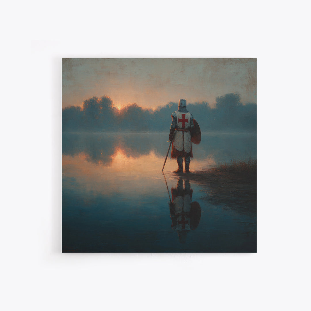 Lone Crusader Knight At Misty Lake Wall Art, Medieval Landscape Painting, Dark Academia Decor, Historical Framed Canvas Print