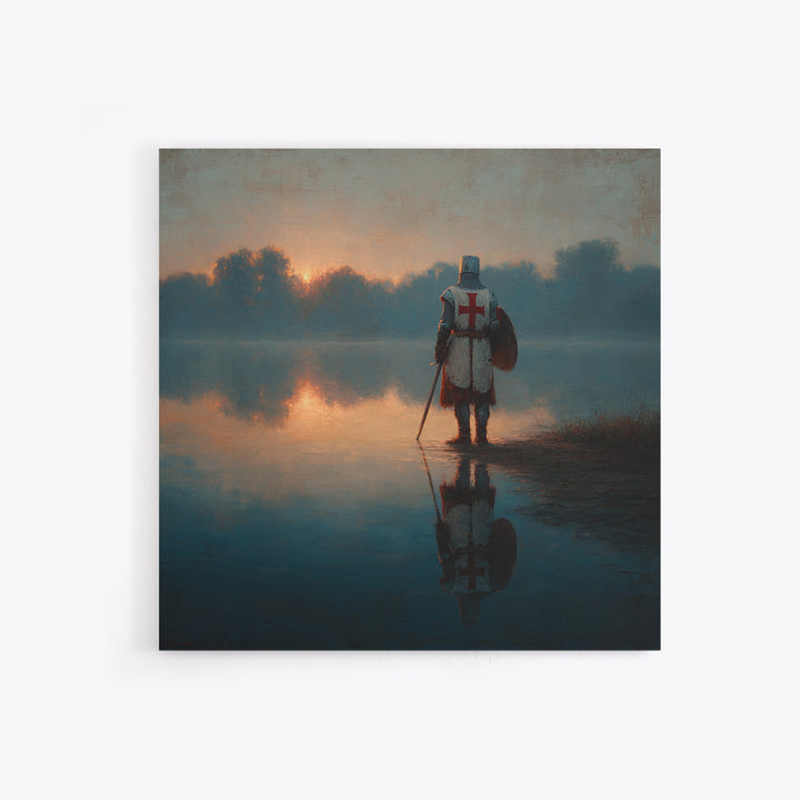 Lone Crusader Knight At Misty Lake Wall Art, Medieval Landscape Painting, Dark Academia Decor, Historical Framed Canvas Print