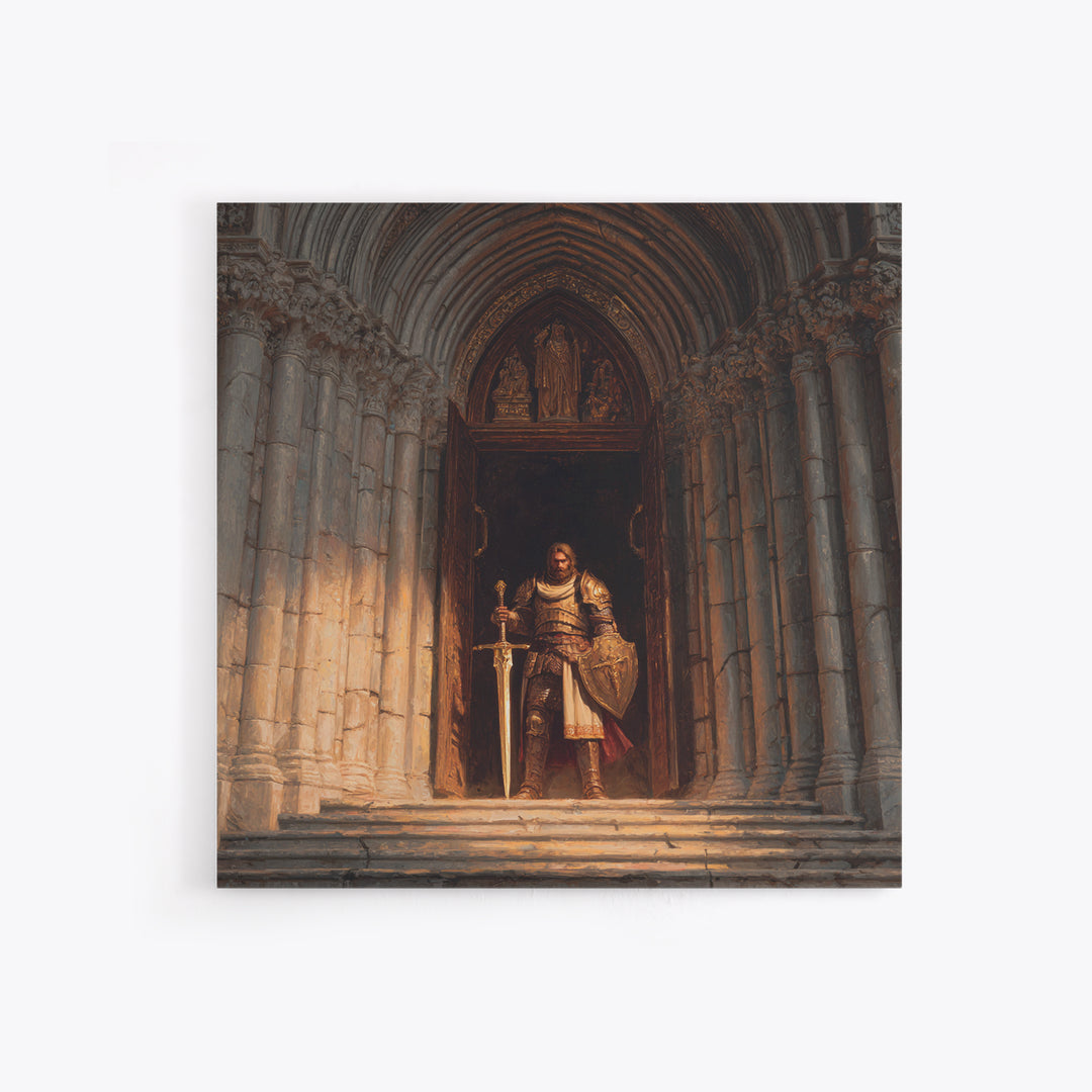 Armored Knight At Gothic Cathedral Canvas Print, Medieval Fantasy Wall Art For Castle Decor And Dark Academia Office Decor