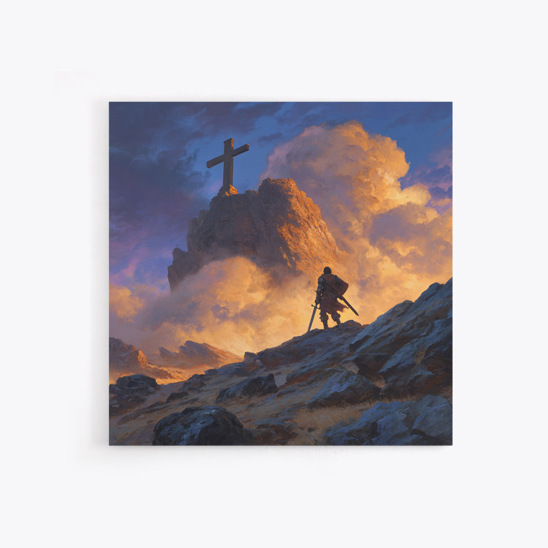 Epic Warrior Climbing Mountain To Cross Wall Art, Christian Fantasy Canvas Print, Inspirational Decor, Faith Gift For Him