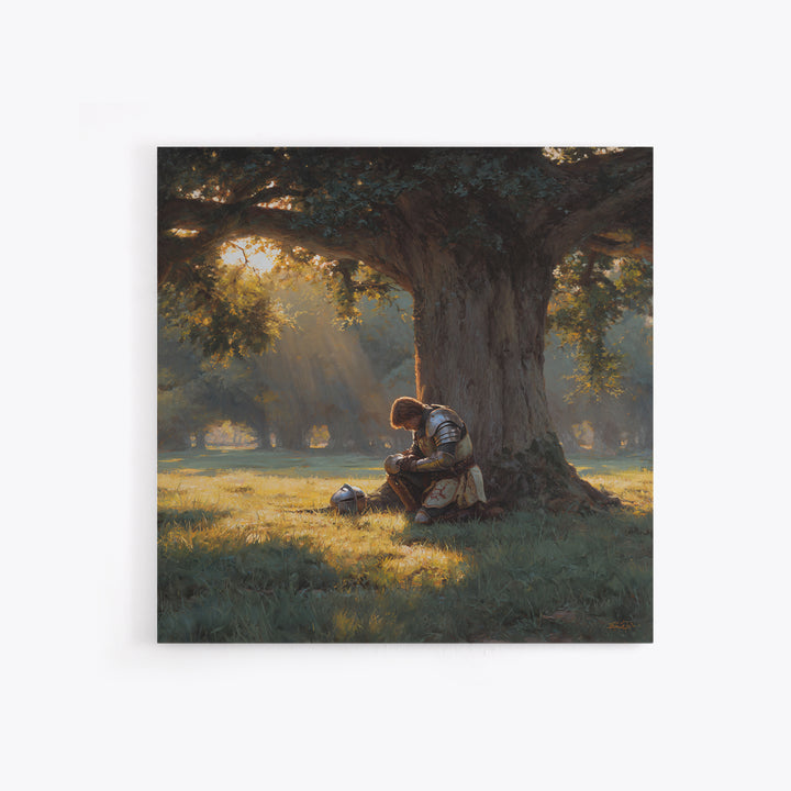 Praying Knight Beneath Ancient Oak Canvas Print, Medieval Fantasy Wall Art, Christian Warrior, Rustic Landscape Home Decor