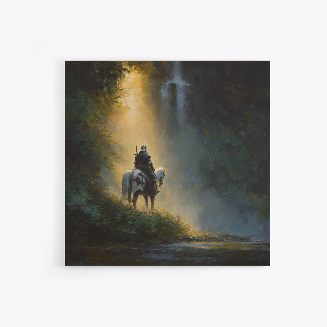 Lone Knight And White Horse By Waterfall Framed Canvas Print, Epic Fantasy Wall Art, Medieval Decor, Adventure Gift For Him