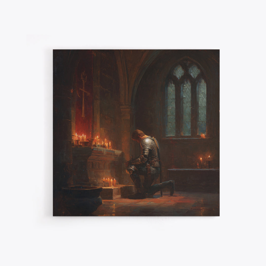 Kneeling Knight In Candlelit Chapel Wall Art, Gothic Medieval Canvas Print, Dark Academia Decor, Fantasy Christian Art Gift