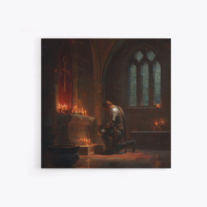 Kneeling Knight In Candlelit Chapel Wall Art, Gothic Medieval Canvas Print, Dark Academia Decor, Fantasy Christian Art Gift