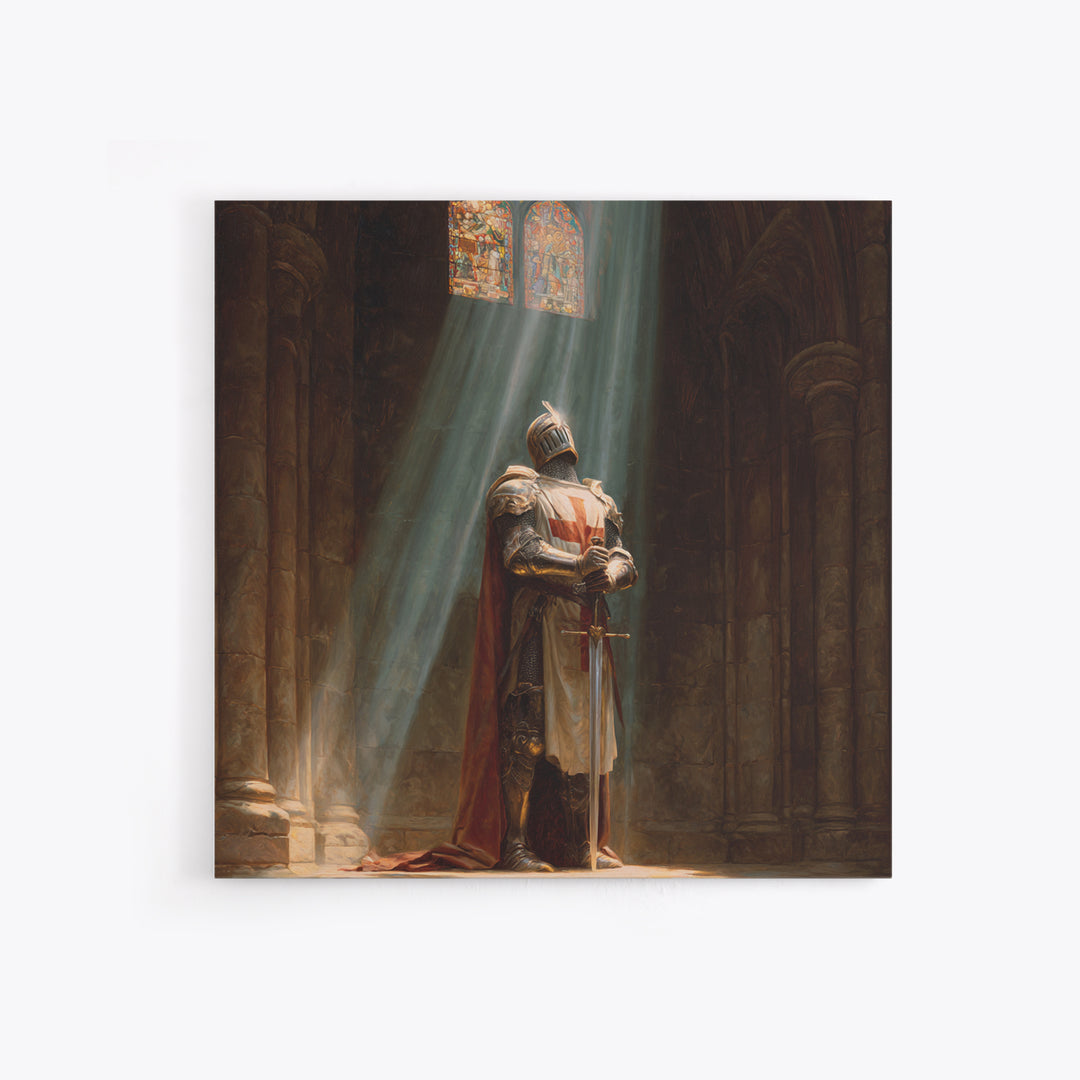 Medieval Knight Praying In Cathedral Light Framed Canvas Print, Gothic Wall Art, Christian Wall Decor, Fantasy Art Gift For Him