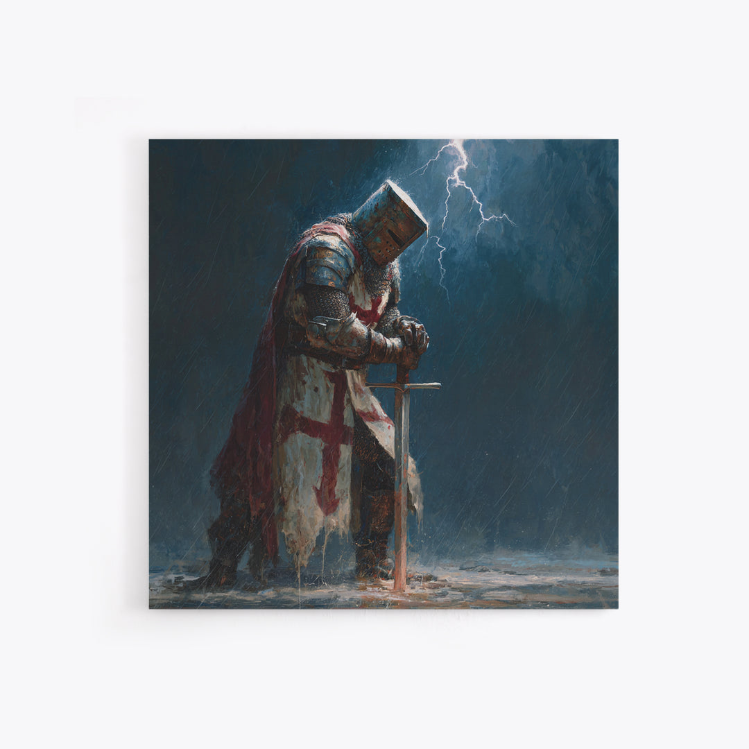 Stormy Praying Knight With Sword Wall Art, Medieval Fantasy Canvas Print, Gothic Christian Dark Academia Home Decor, Gift For Him