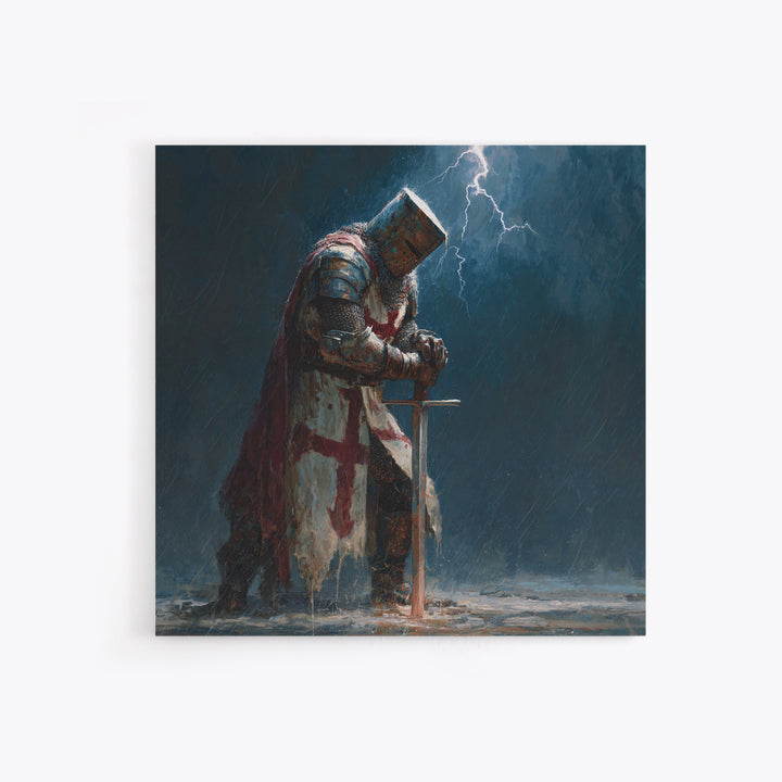 Stormy Praying Knight With Sword Wall Art, Medieval Fantasy Canvas Print, Gothic Christian Dark Academia Home Decor, Gift For Him