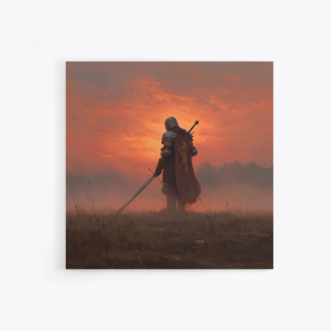 Lone Medieval Knight At Fiery Sunset Wall Art, Fantasy Warrior Canvas Print, Gothic Castle Decor, Dramatic Gift For Him Art