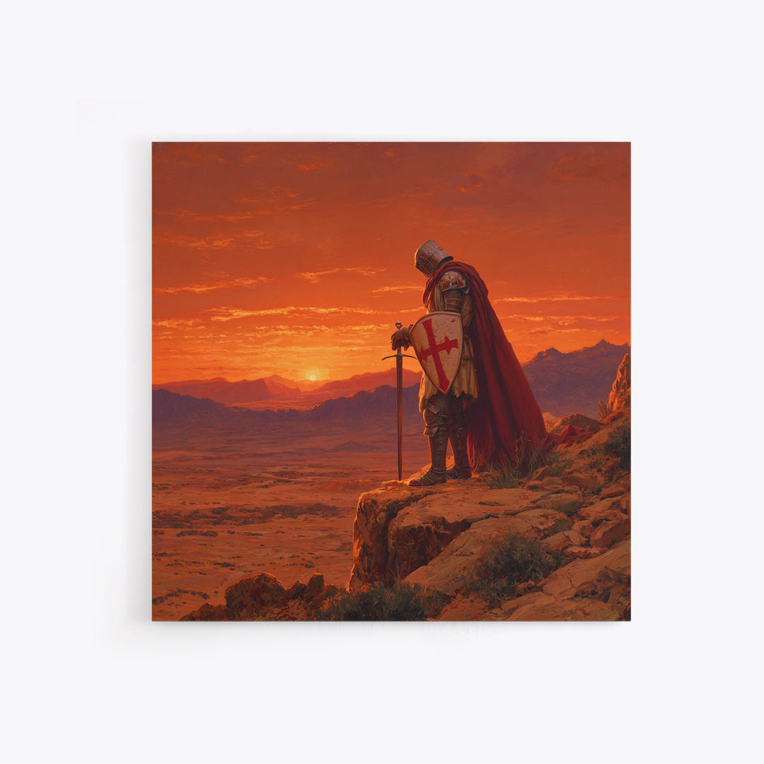 Crusader Knight At Sunset Canvas Print, Medieval Fantasy Art, Red Desert Landscape, Gothic Wall Decor, Gift For Him, Man Cave Decor