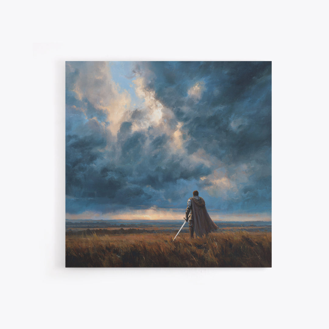 Lone Warrior Beneath Storm Clouds Wall Art, Medieval Fantasy Landscape Painting, Dark Academia Decor, Gift For Him Poster