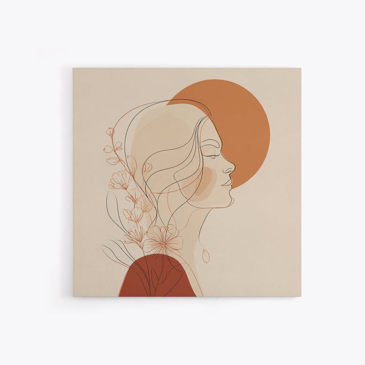 Floral Woman Line Art Canvas Print, Terracotta Sun Portrait Wall Art, Feminine Boho Decor, Minimalist Bedroom Art Print For Her