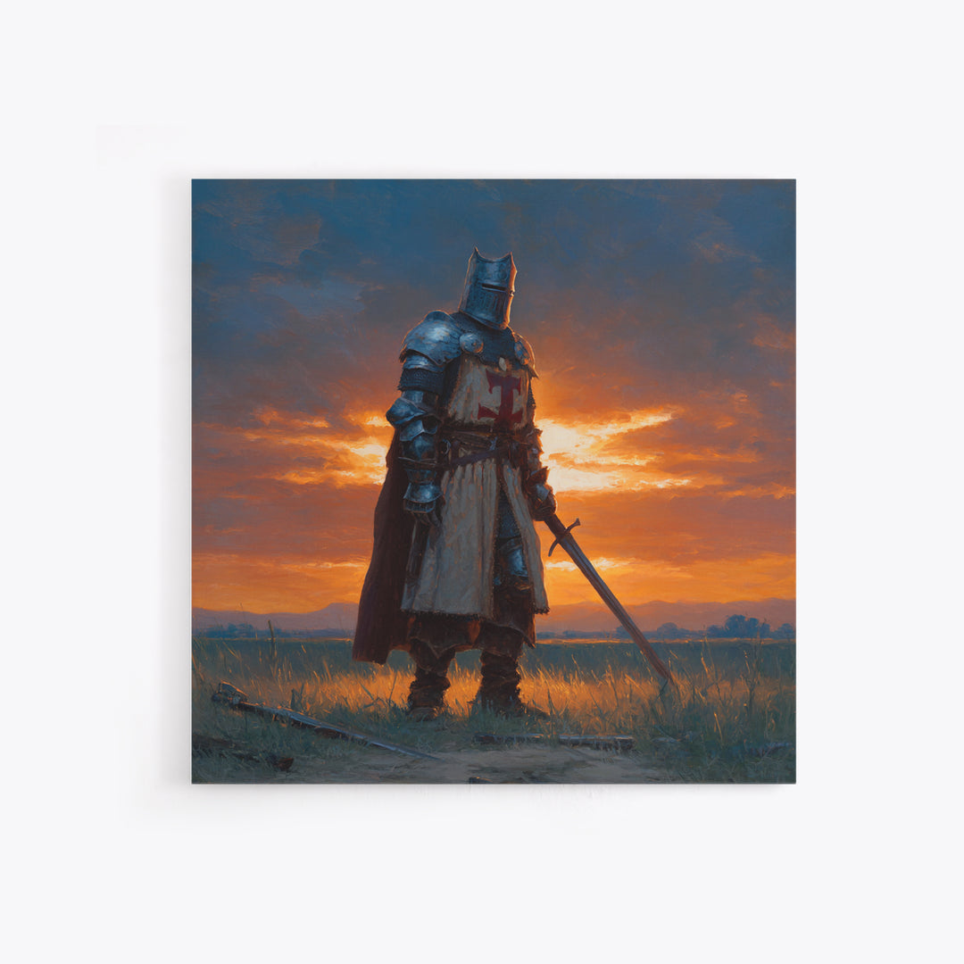 Medieval Knight At Sunset Framed Canvas Print, Crusader Wall Art, Fantasy Warrior Decor, Masculine Office Art, Gift For Him