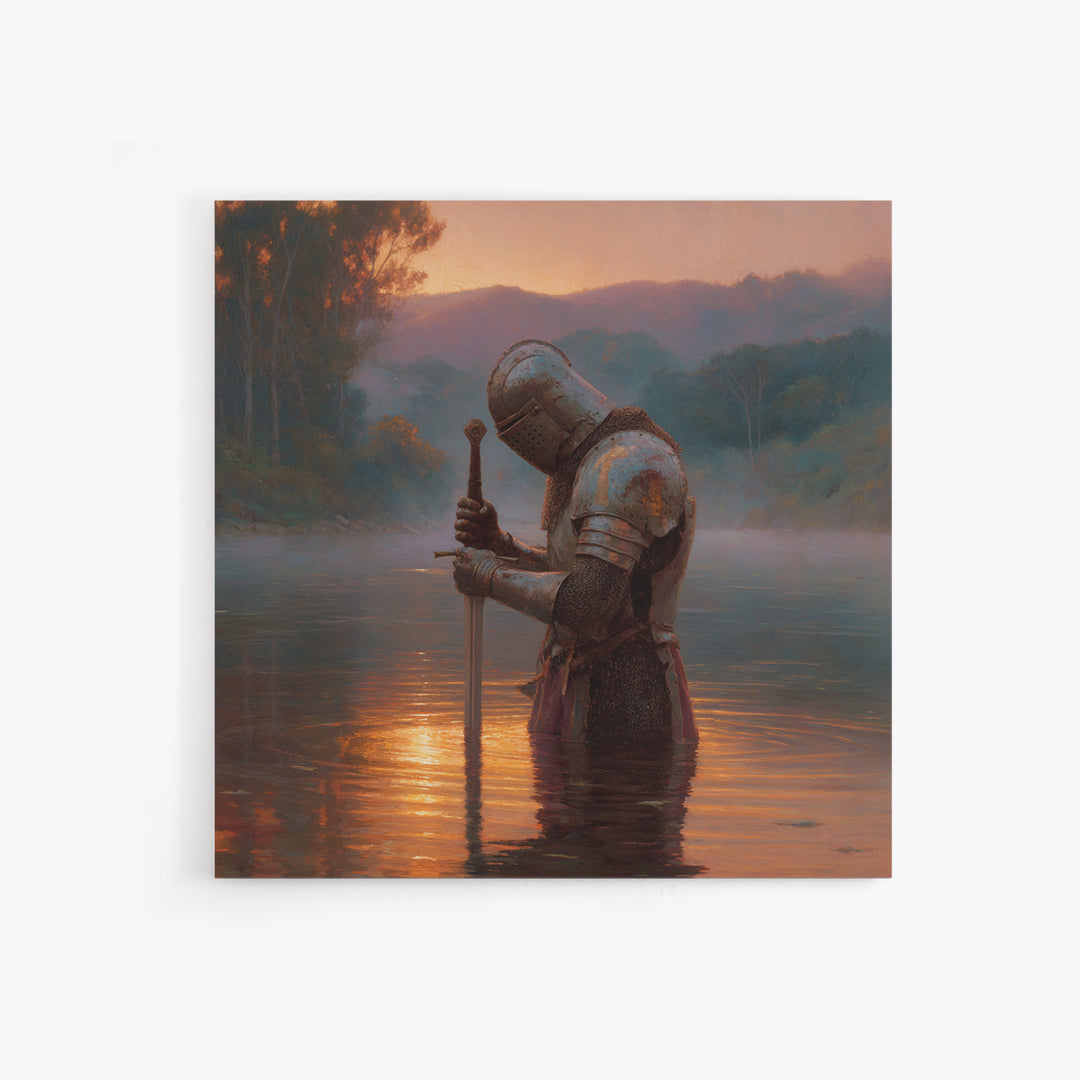 Armored Knight In Sunset River Wall Art, Medieval Fantasy Landscape Painting, Moody Rustic Decor, Historical Canvas Print