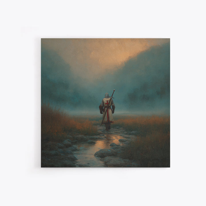 Foggy Knight Mountain Path Wall Art, Moody Fantasy Landscape Print, Medieval Warrior Decor, Rustic Home Decor Gift For Living Room