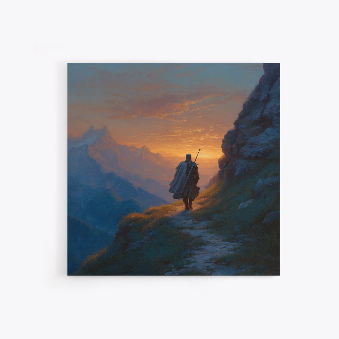 Lone Traveler On Mountain Path Wall Art, Sunset Fantasy Landscape Canvas Print, Epic Adventure Decor For Living Room Home Decor