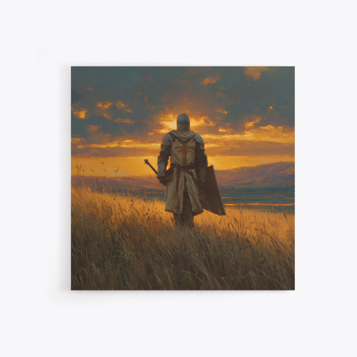 Lone Knight Sunset Field Canvas Print, Medieval Landscape Wall Art, Fantasy Warrior Decor, Rustic Home Decor, Gift For Him
