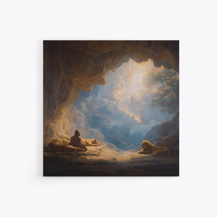 Cave Sanctuary With Lions And Heavenly Clouds Wall Art, Fantasy Landscape Canvas, Spiritual Home Decor, Mystical Gift Print