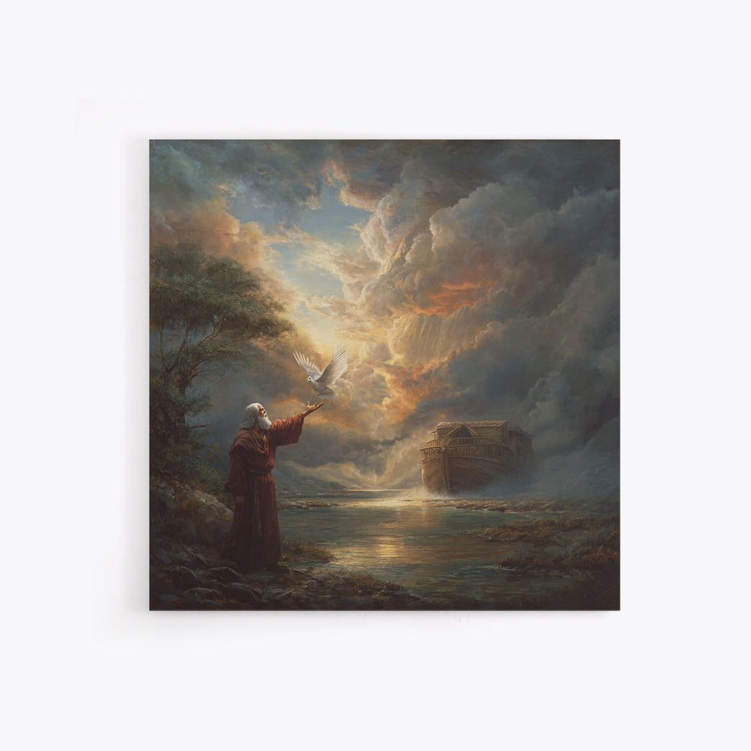 Noah Releasing Dove Before Storm Canvas Print, Biblical Wall Art, Christian Artwork, Dramatic Landscape Decor, Faith Gift