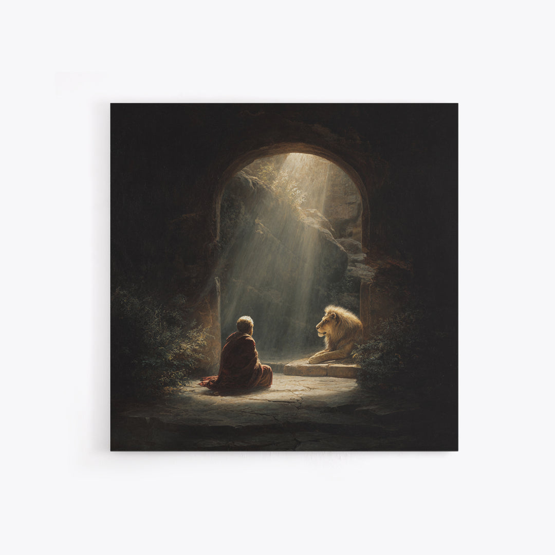 Child And Lion In Sunlit Cave Wall Art, Spiritual Fantasy Painting, Inspirational Decor, Storybook Artwork, Unique Gift For Her
