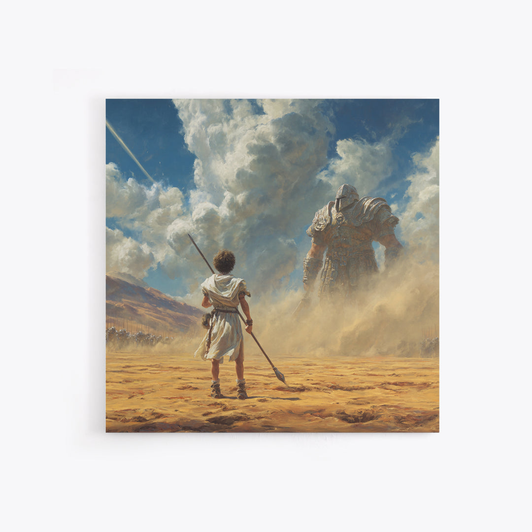 Young Warrior Facing Desert Giant In Dust Canvas Print, Biblical Wall Art, Fantasy Decor, David And Goliath Gift For Him