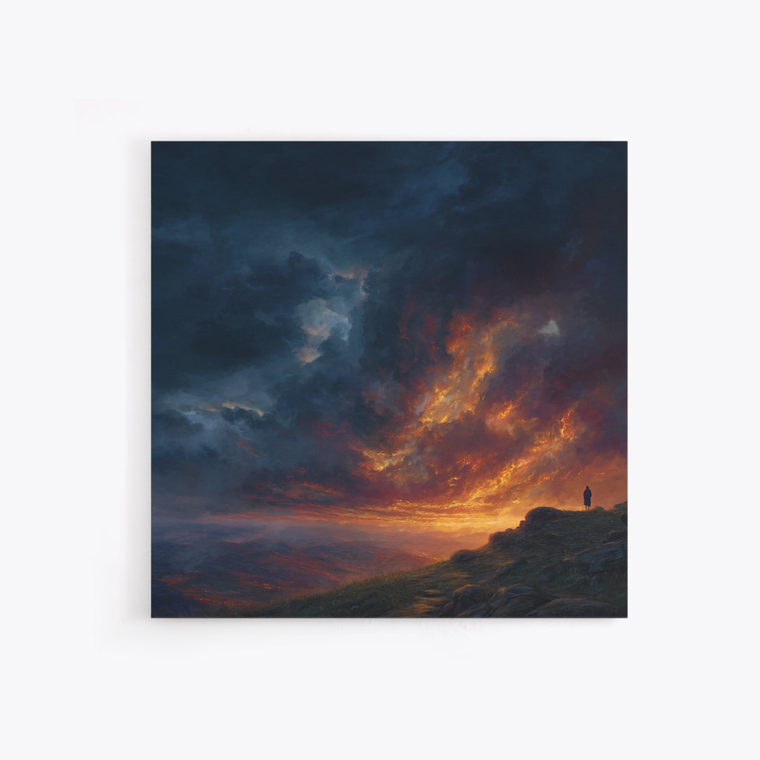 Lone Figure Under Fiery Storm Clouds Wall Art, Dramatic Landscape Canvas Print, Moody Fantasy Decor, Statement Artwork Gift
