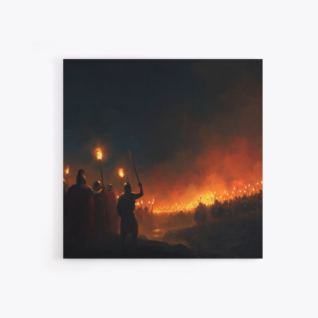Torchlit Ancient Army At Night Wall Art, Dark Fantasy Canvas Print, Warrior Battle Scene, Moody Medieval Decor, Man Cave Gift