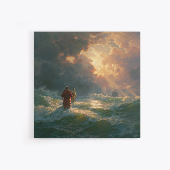 Jesus Walking On Stormy Sea Wall Art, Christian Canvas Print, Biblical Ocean Painting, Faith Gift, Dramatic Home Decor, For Living Room