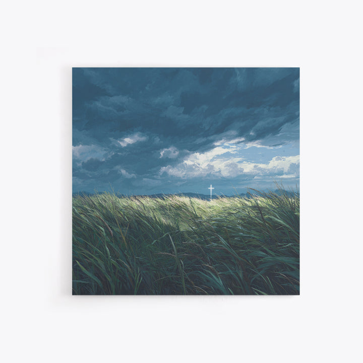 Stormy Field With Glowing Cross Wall Art, Christian Canvas Print, Moody Landscape Decor, Faith Inspired Prayer Room Art, Gift