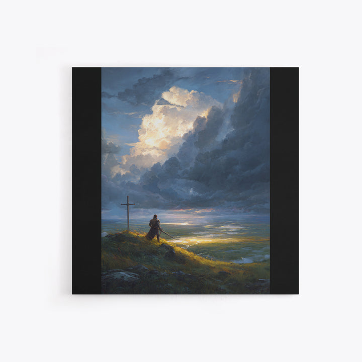 Lone Knight At Cross Under Storm Clouds Framed Canvas Print, Christian Wall Art, Dramatic Landscape, Faith Home Decor Gift