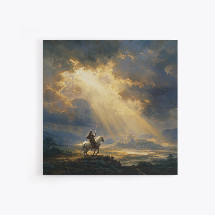Mounted Knight Beneath Sunbeams Framed Canvas Print, Medieval Landscape Wall Art, Christian Artwork, Castle Decor Gift For Him