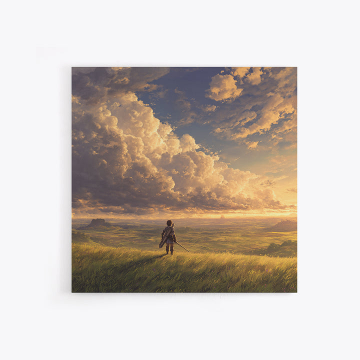 Lone Traveler Under Golden Clouds Wall Art, Fantasy Landscape Painting, Adventure Canvas Print For Bedroom And Living Room Decor
