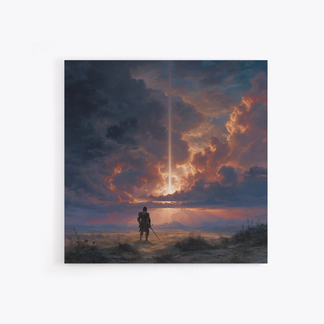 Lone Warrior Under Divine Sky Canvas Print, Fantasy Landscape Art, Dramatic Cloudscape Wall Decor, Medieval Adventure Gift For Him