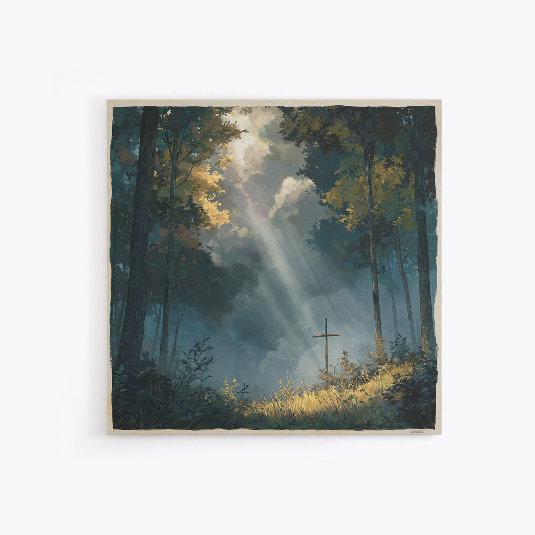 Sunbeams Over Forest Cross Wall Art, Peaceful Christian Canvas Print, Spiritual Nature Decor, Prayer Room Artwork, Faith Gift