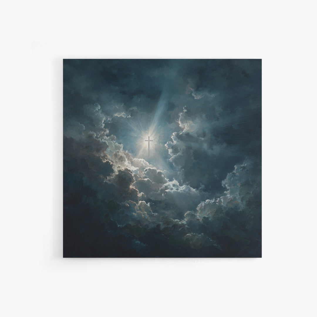Radiant Cross In Storm Clouds Wall Art, Christian Inspirational Canvas Print, Spiritual Home Decor, Prayer Room Gift For Her