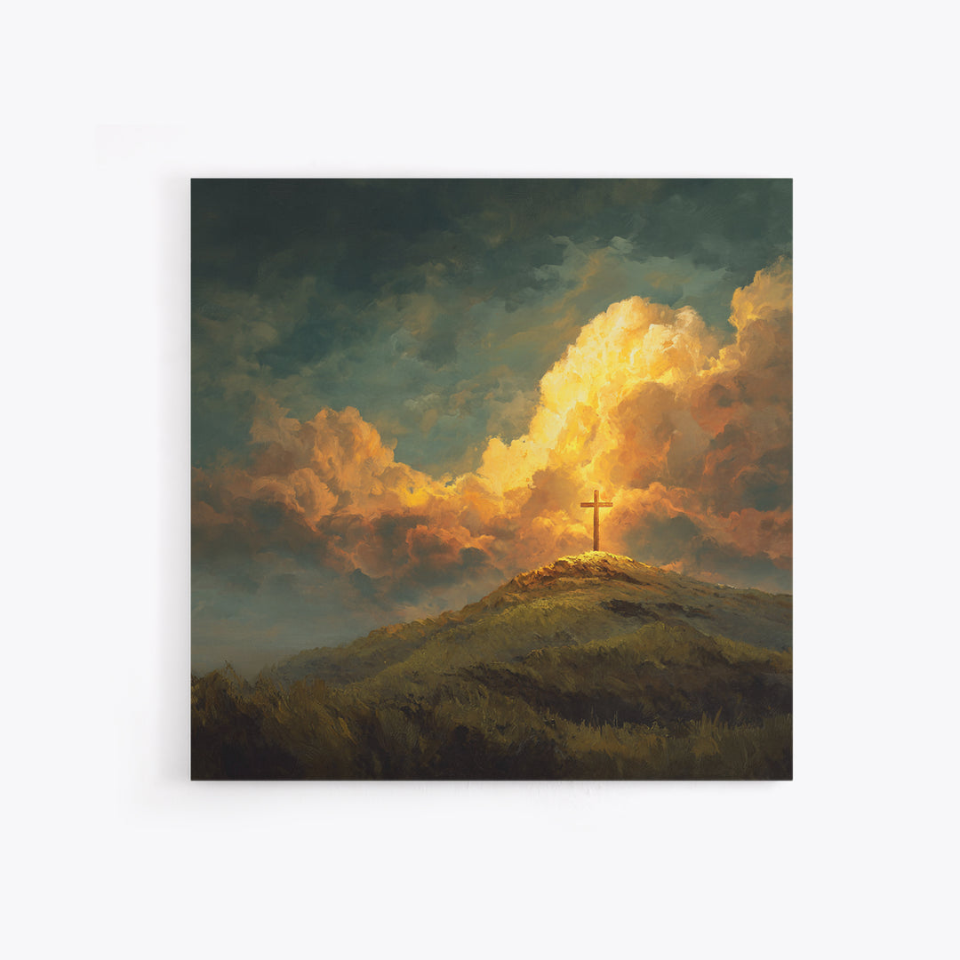 Glowing Cross On Hilltop Wall Art, Christian Landscape Canvas Print, Inspirational Clouds, Religious Home Decor Gift For Her