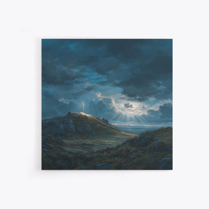 Glowing Cross On Stormy Hill Wall Art, Dramatic Christian Landscape Painting For Prayer Room Decor And Spiritual Gift Idea